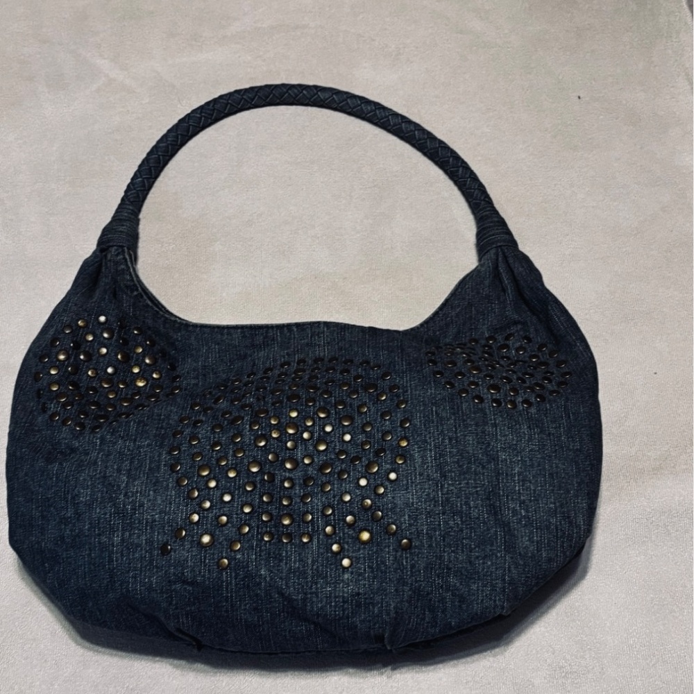 Fiorucci Hobo Bag Denim Blue Top Handle Studded  Zip Around - Picture 6 of 7